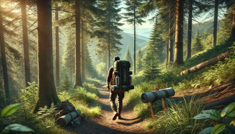 DALL·E 2024-09-04 12.03.44 - A scene of a camper hiking through a dense forest, carrying a large backpack